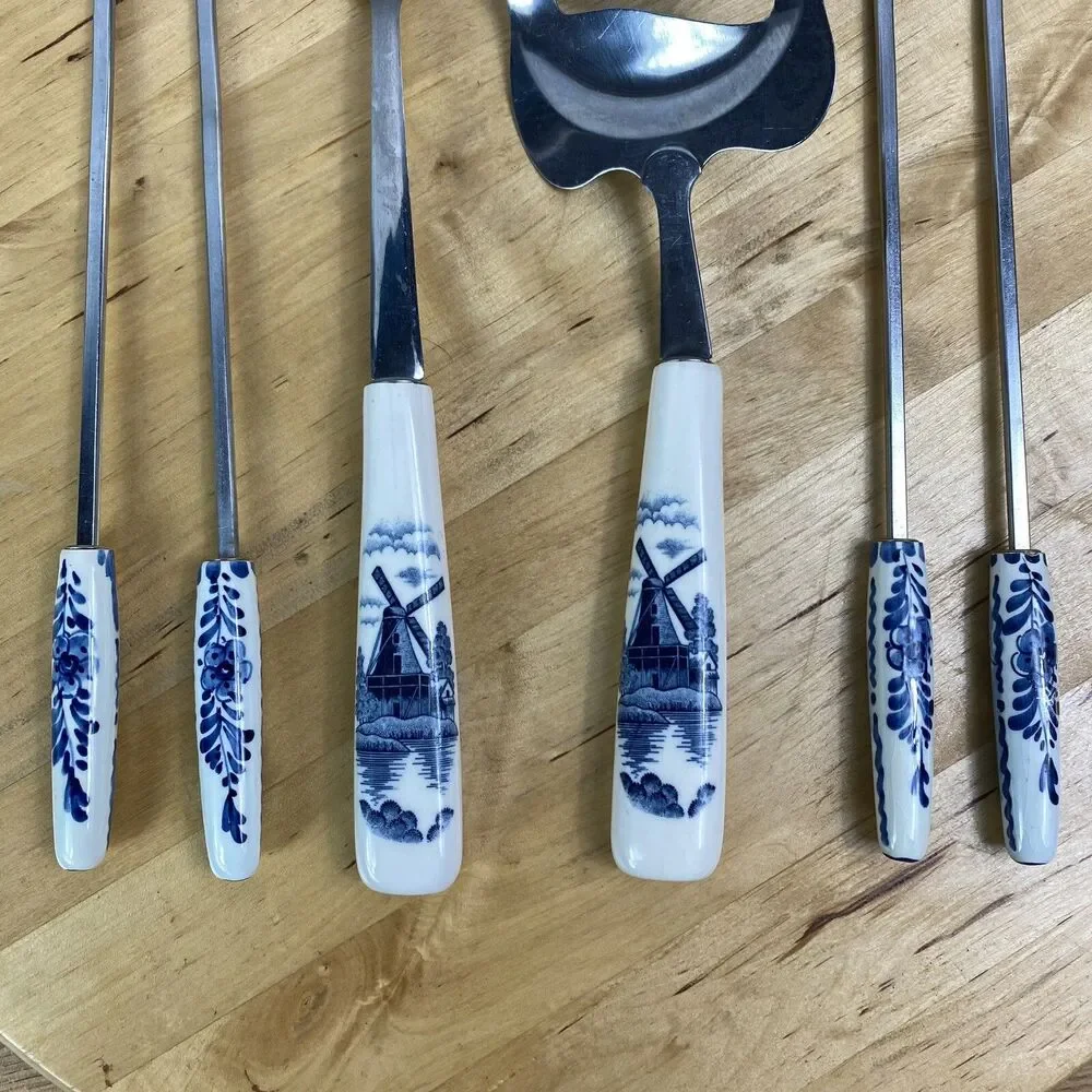 Vintage Delft Elesva Holland 6pc Utensil Set Blue Windmill Ceramic Handle Cheese
